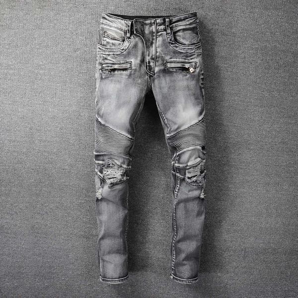 

men's jeans american street style fashion retro gray destroyed spliced designer ripped for hip hop punk biker pants bf1c, Blue