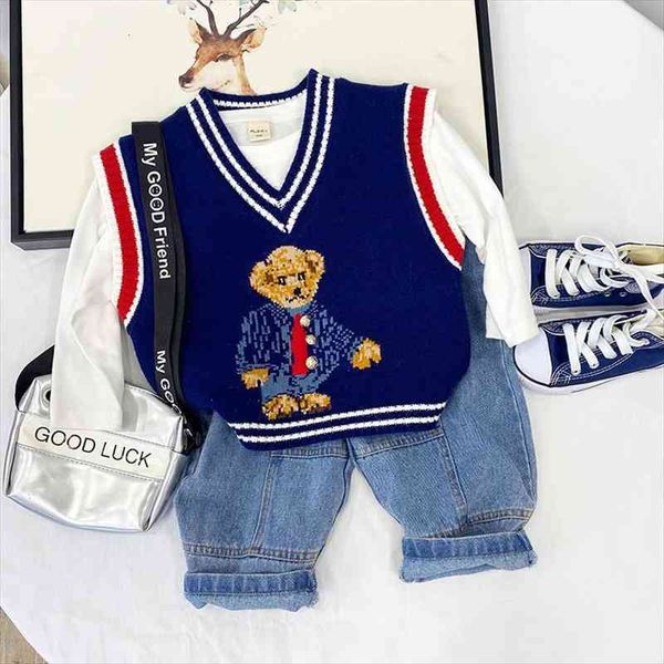 

spring childrens head bear girls children toddler baby sweater vest boys suit, Blue