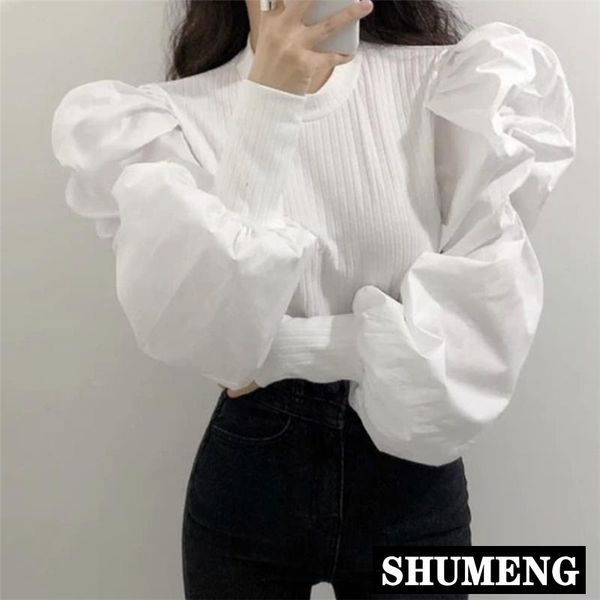 

women's blouses & shirts women solid puff sleeve blouse spring long fashion female chic and autumn clothes, White