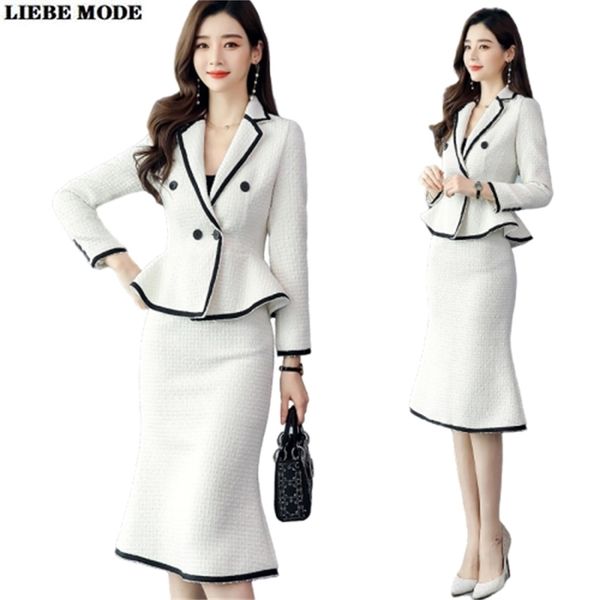 Formal Formal Tweed Skirt Terno para mulheres e jaqueta conjunto 2 peça escritório senhora roupas inverno preto branco blazer com s 220302