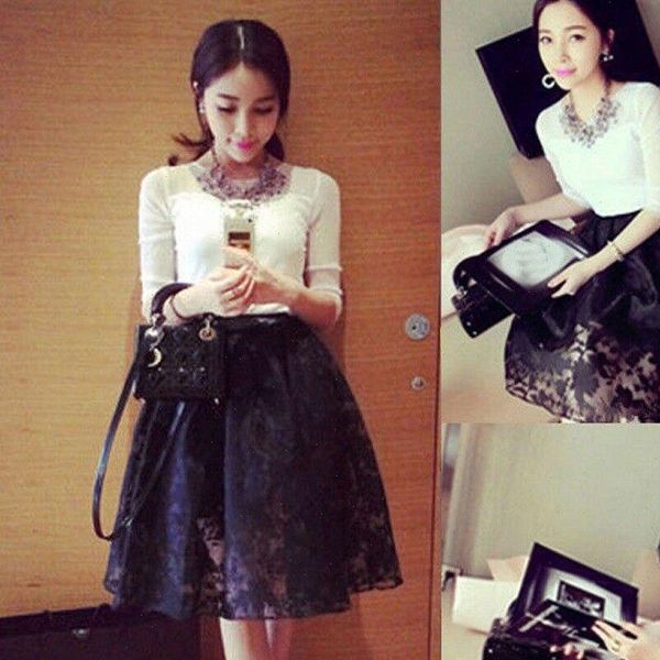 

women summer skirt lace solid double layer chiffon a line pleated retro elastic waist long black casual skirt