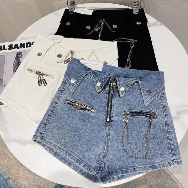 

women's shorts european summer street punk cuffed waist double pocket chain three-point denim women fashion streetwear 2021, White;black