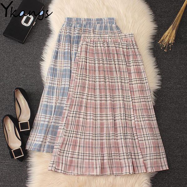 

2021 summer harajuku sweet long women pink high waist plaid pleated korean style chiffon plus size skirt streetwear gx8t, Black
