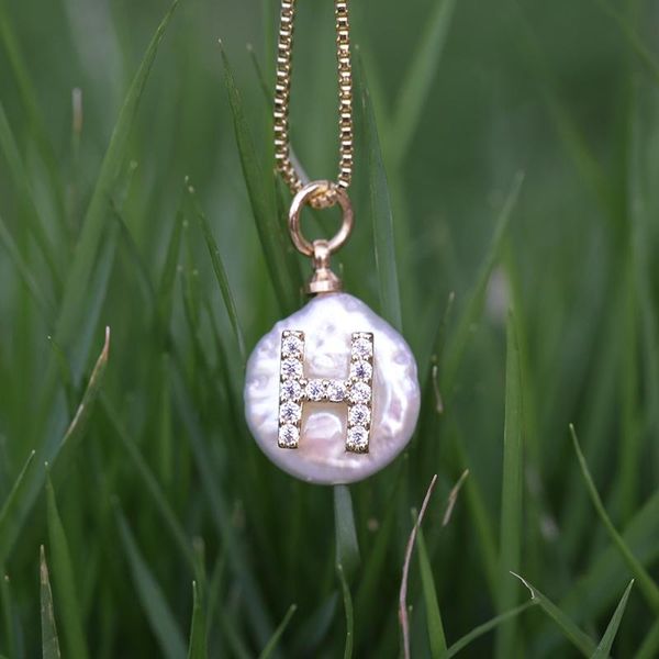 

sjdi-324 white cz initial letter natural coin freshwater pearl charm gold pendant thin chain choker necklace, Golden;silver