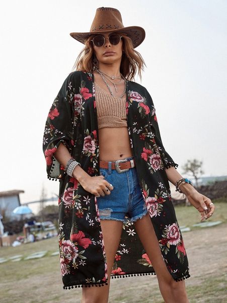 

pom pom trim floral print kimono o0vv#, White;black
