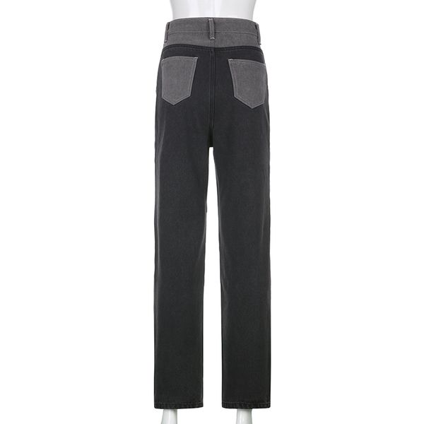 

dewadbow fashion patchwork skinny straight jeans women 2021 high waist pocket color block high street long grey denim pants, Black;green