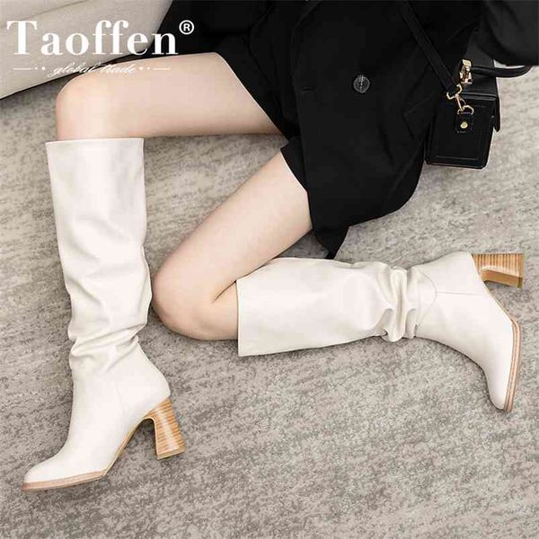 

taoffen size 34-43 ins women knee high heel boots lady riding botas warm winter shoes women square toe casual footwear 210914, Black