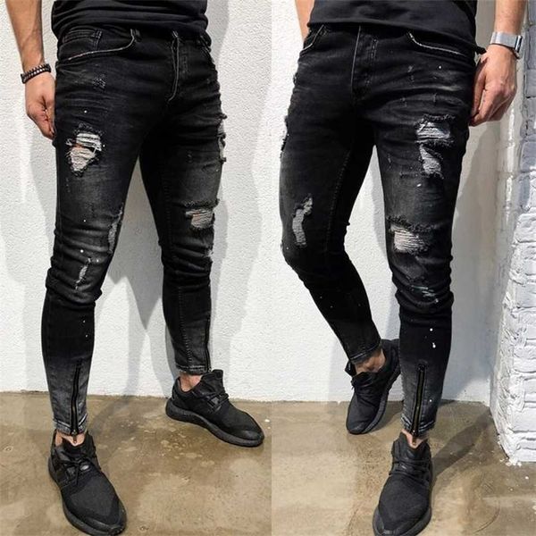 

trendy men's street all-match jeans mens skinny stretch denim pants distressed ripped freyed slim fit trousers#g30 211111, Blue