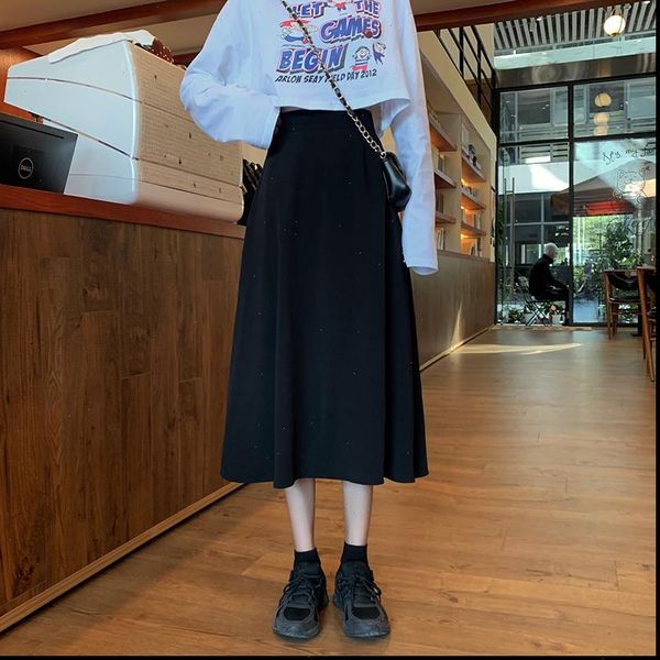 

waist thin skirt womens spring and autumn new all around ins medium long a line umbrella skirt all around black