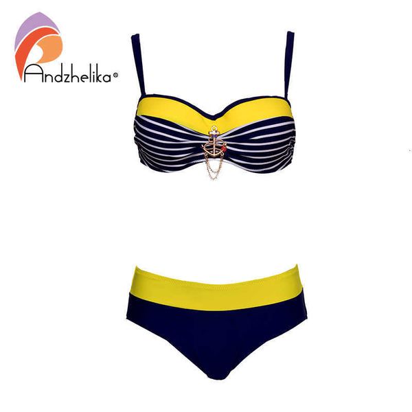 

swimwear andzhelika striped bandeau plus size bikini women swimsuit metal decoration bikinis set brazilian bathing suits, White;black