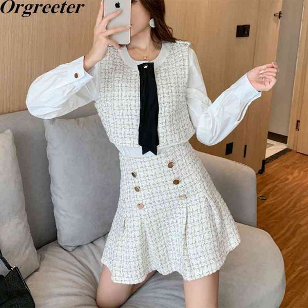 

autumn vintage stitching fake two-piece shirt + high waist double-breasted mini skirt tweed suit female 210525, White