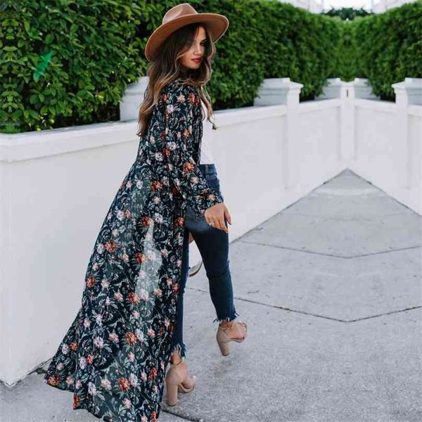 

vintage floral print long kimono plus size elegant street wear summer clothing for women and blouses boho shirts a830 210719, White