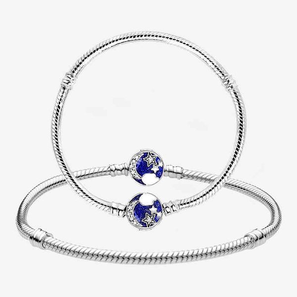 

original 925 sterling silver charm bracelets snake chain shinny moon star bracelet for women birthday diy fine jewelry, Golden;silver