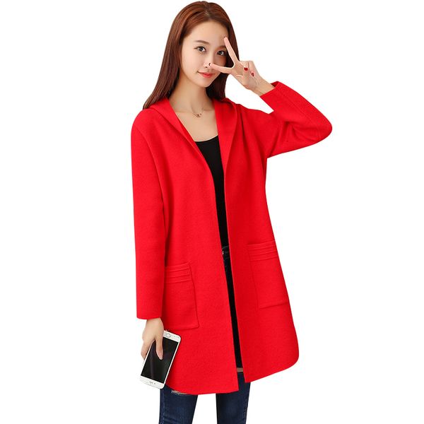 

women's spring red nightgown mid-winter length cardigan looselarge size hoodie ladies tightly knit sweater 0hl7, White;black