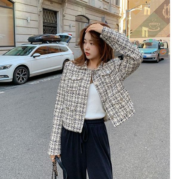 

women's wool & blends women sweet plaid woolen jacket short tweed coat, Black