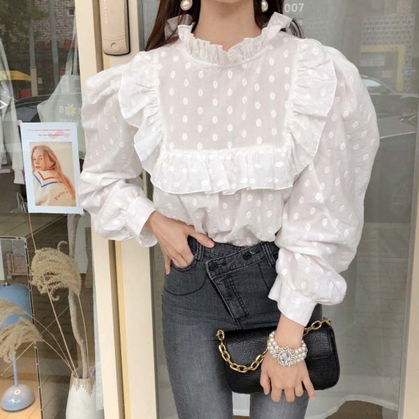 

Fancy Female Lotus Leaf Collar Embroidered Shirts Plied Blouse Lady Polka Dot Clothes Ndgr, Black;white