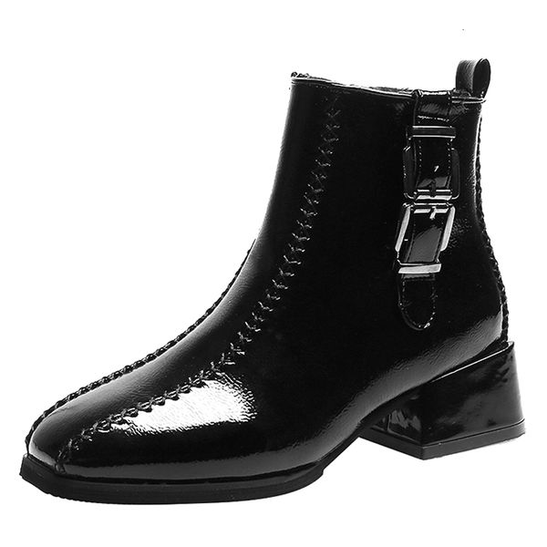 

european-style short women's spring or velvet boots with wild heels british office shoes mid-heel boot ankle hiji, Black