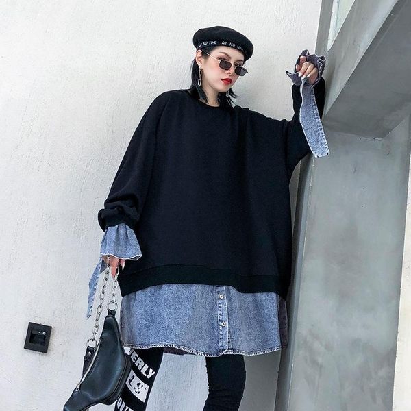 

women's hoodies & sweatshirts denim stitching fake two spring autumn winter large size loose long-sleeved round neck solid color pullov, Black