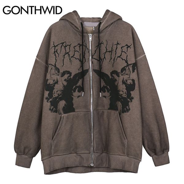

gonthwid fce hooded ets streetwear casual graffiti angel print letter embroidery harajuku hip hop men coat outwear, Black;brown