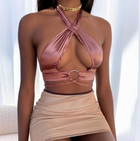 

women's tanks & camis 2021 halter hollow ring navel nude tie vest women, White