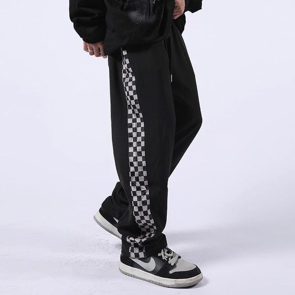 

men's pants checkerboard plaid side stripes loose straight black high street vibe drawstring casual oversize couple trousers