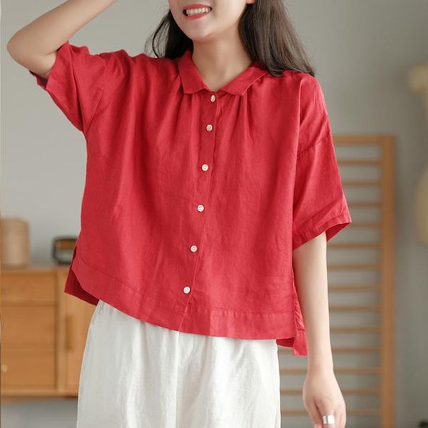 

women's blouses & shirts johnature women vintage linen turn-down collar short sleeve 2021 summer casual button loose solid color, White