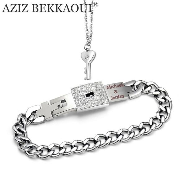 

charm bracelets aziz bekkaoui customized name key jewelry lock & lover wide men bracelet figaro chain drop, Golden;silver