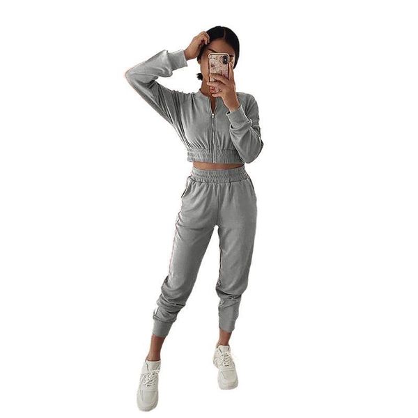 

women's two piece pants solid tracksuit women set spring autumn clothes full sleeve zipper crop + leisure suits workout 2 pcs sets, White