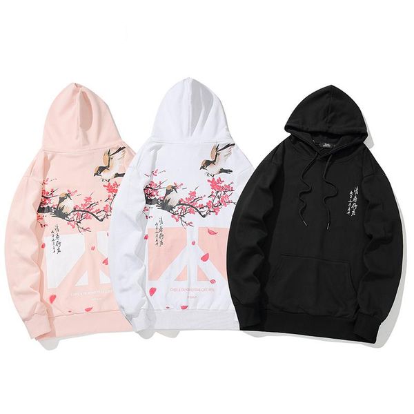 

men's hoodies & sweatshirts men hip hop sweatshirt floral bird print 2021 harajuku streetwear chinese kanji hoodie pullover autumn hiph, Black