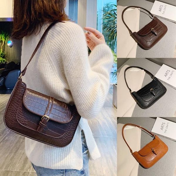 

cross body fashion crocodile women shoulder bags black brown retro handbag pu leather female ladies hand bag 2021 autumn baguette purse sac