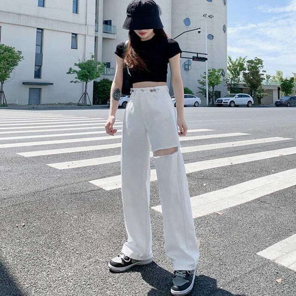 

summer thin white hole nine point summer high waist loose, Blue