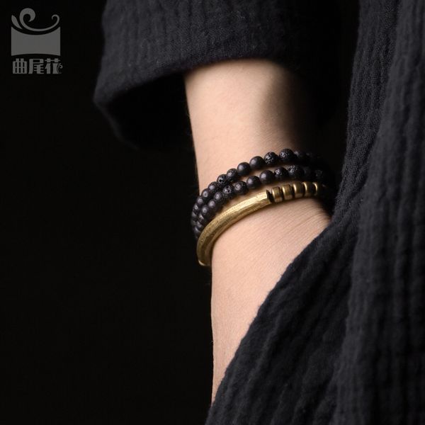 

flower black volcanic stone fine bead bracelet women's simple metal copper men's personality suit, Golden;silver