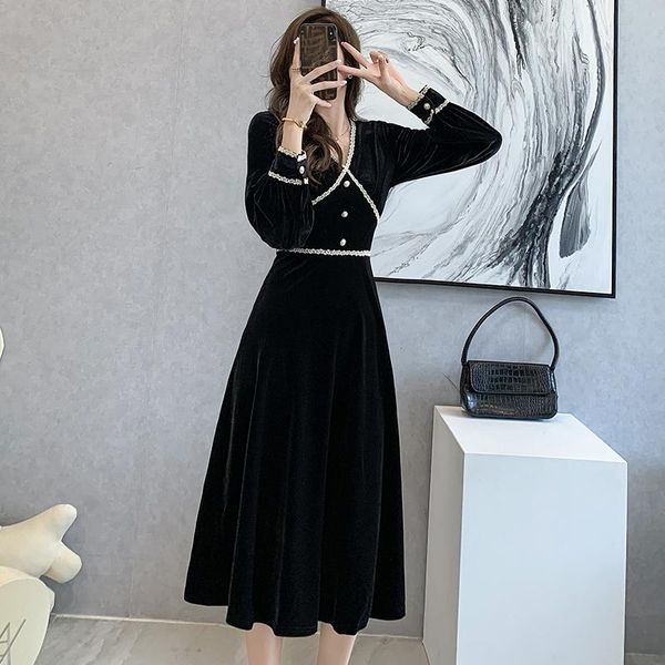 

casual dresses french vevlet long sleeve dress women autumn winter elegant vintage buttons lace patchwork high waist a line party robes, Black;gray