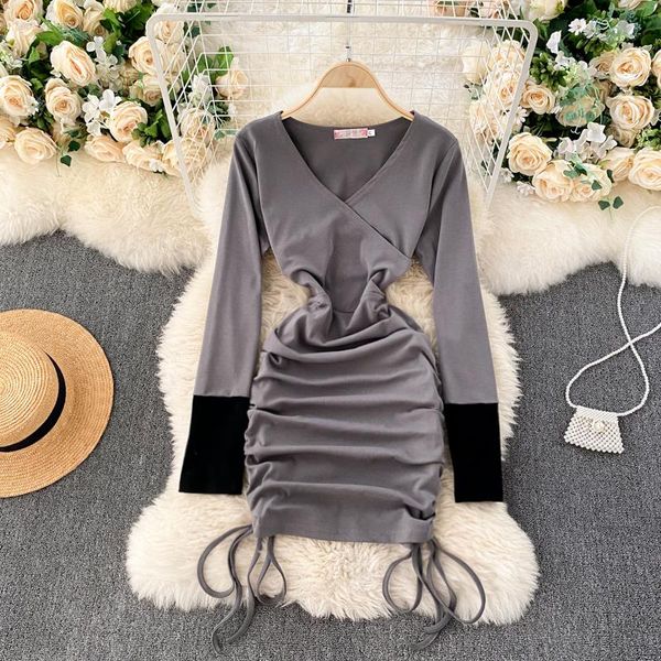 

women patchwork drawstring party mini dress v neck long sleeve high waist autumn and winter slim fit short dress, Black;gray