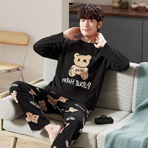 

men's sleepwear harajuku style cartoon bear print winter pajamas set black cotton long sleeve nightwear for fashion man home outdoor lo, Black;brown