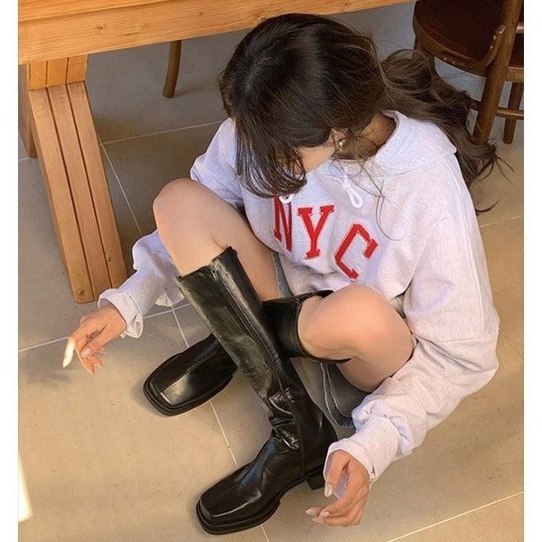 

boots genuine leather riding women shoes platform flat knee high square toe ladies footwear long autumn 41, Black