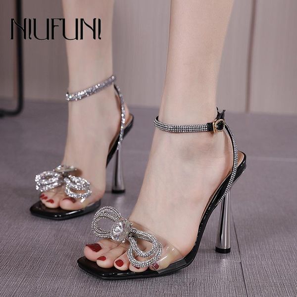 

sandals bow rhinestone women's peep toe transparent pvc high heels stiletto wedding sequin ladies shoes summer belt buckle, Black