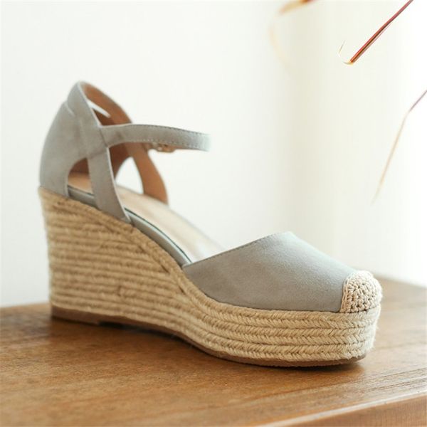 

womens natural suede leather wedge platform ankle strap pumps round toe hemp female soft comfortable summer sandals dress shoes, Black