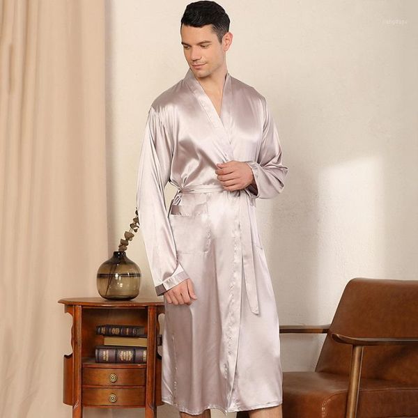 

men's sleepwear with pocket lounge kimono robe gown spring autumn satin bathrobe full sleeve casual nightwear home pajamas, Black;brown