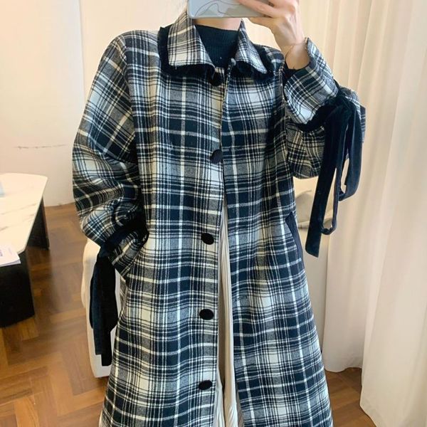 

ewq] 2021 winter over knee turn-down collar long-sleeved single breasted panelled plaid wide-wasisted woolen overcoat 16w236, Black