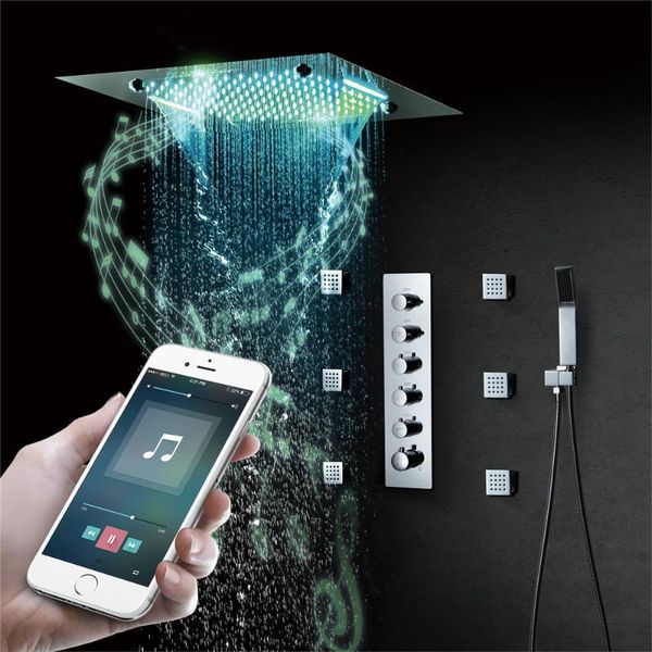 

bathroom shower sets ceiling led head with music system sus304 50*50cm misty waterfall rain thermostatic faucet set