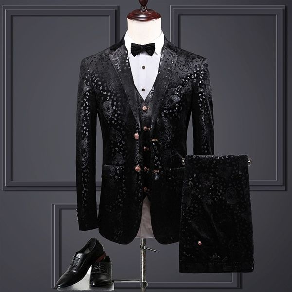 

spring autumn large size irregular printing male suits british style suit pieces groommen wedding banquet sets lubp, White;black