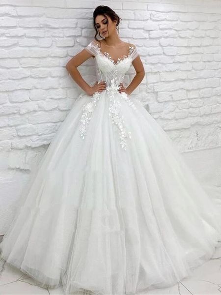 

2022 spring elegant tulle princess wedding dresses bridal gowns sheer neck cap sleeves lace applique garden long train bride dress with back, White