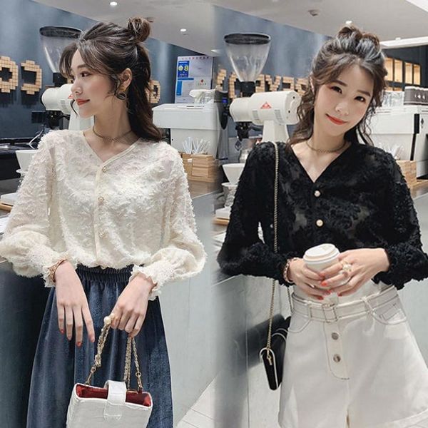 

fashion elegant ladies v-neck lace elegant sweet embroidered plush buttons slim temperament fairy blouse shirt top, White