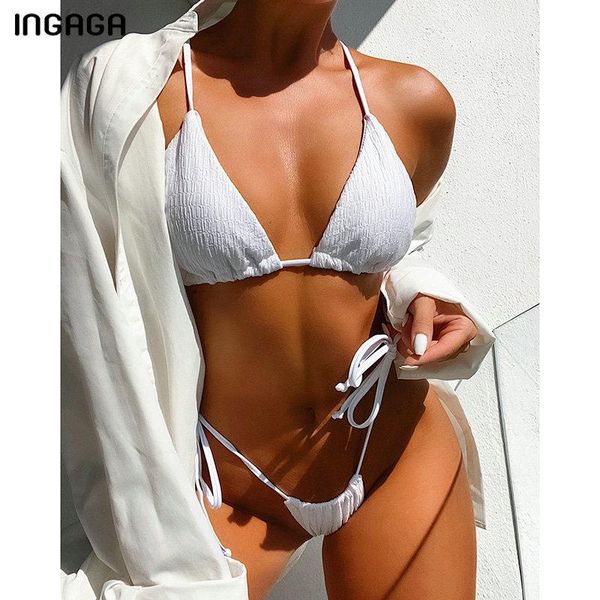 

women's swimwear ingaga bikinis micro swimsuits thong women string bow biquni beachwear soilid ruched bathing suits 2021 bikini set, White;black
