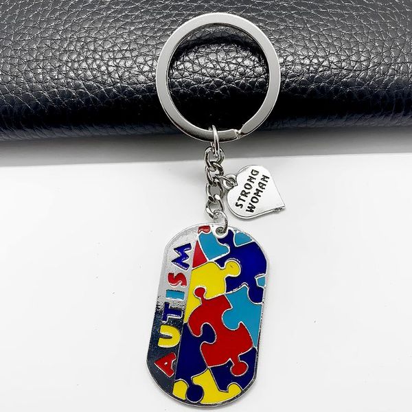 

keychains exquisite enamel color jigsaw puzzle autism ribbon nameplate pendant keychain autistic awareness jewelry key ring, Silver