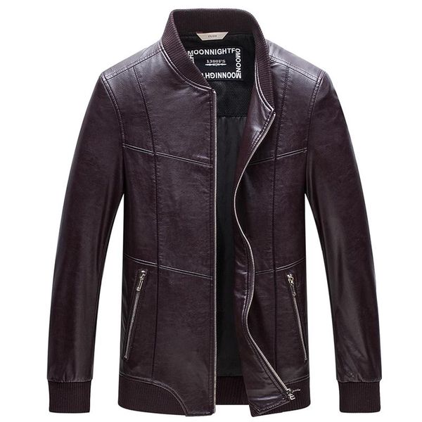 

men's fur & faux men autumn khaki black winter leather jacket motorcycle jackets stand collar male business casual coats brand clothing