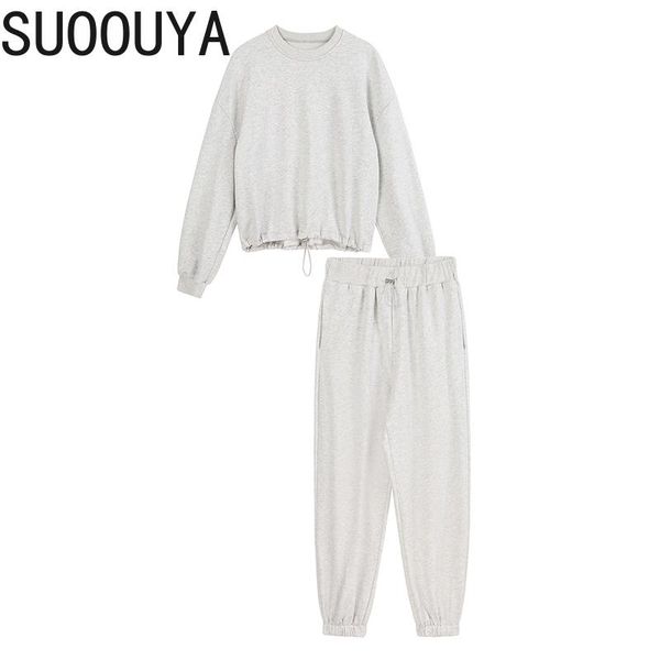 

[suoouya] women drawstring pants two piece suit round neck long sleeve black loose fit new fashion tide spring female 2021, White