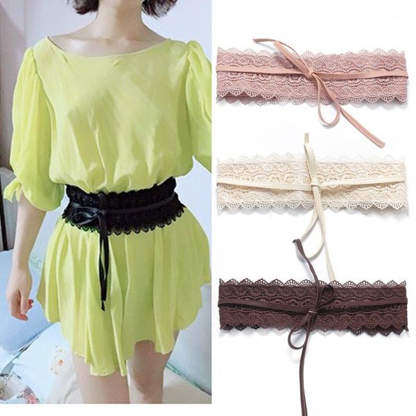 

fashion solid color faux leather wide lace tie-up women waistband dress party waist band belt sash decor, Black;brown