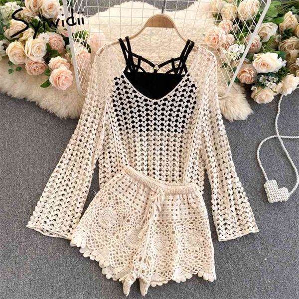 

3 pieces sets women vintage knitting hook flower elastic waist shorts tank and hollow out shirts summer beach 210607, White
